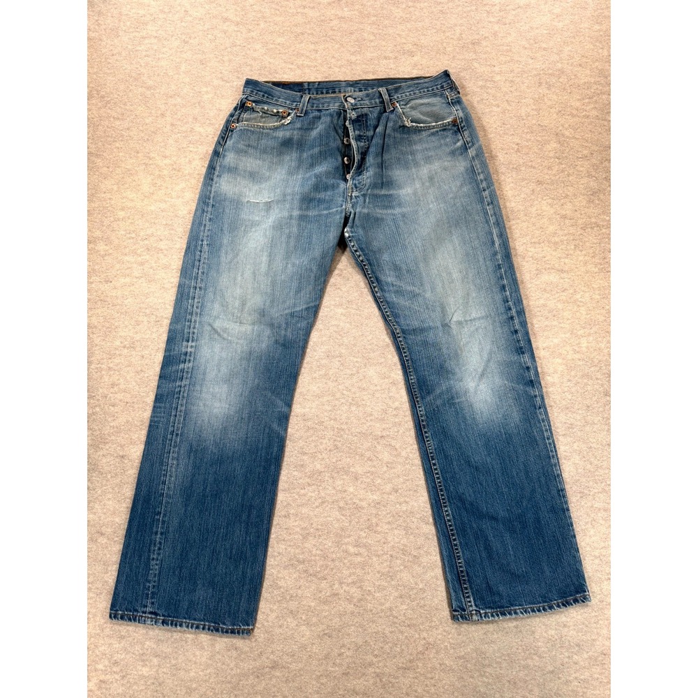 Levis 501 Jeans Mens 36x32 Blue Whisker Distressed Straight Leg Mid Rise Denim